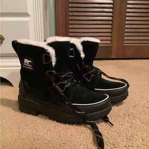 Sorel Black Waterproof Boots with White Fur Trim